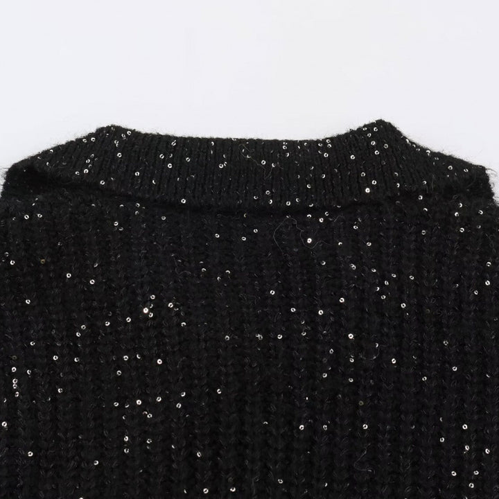 Damen Glitzernder Oversize Strickpullover mit Reverskragen und Paillettenbesatz Drune