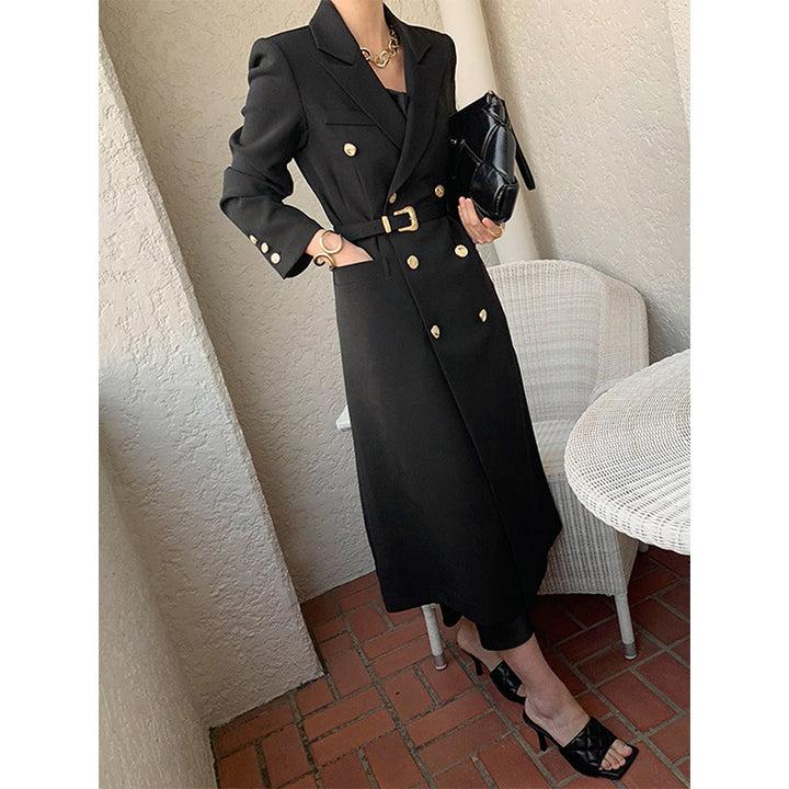 Damen Taillierter Doppelreihiger Longblazer mit Gürtel und Zierknöpfen Drune