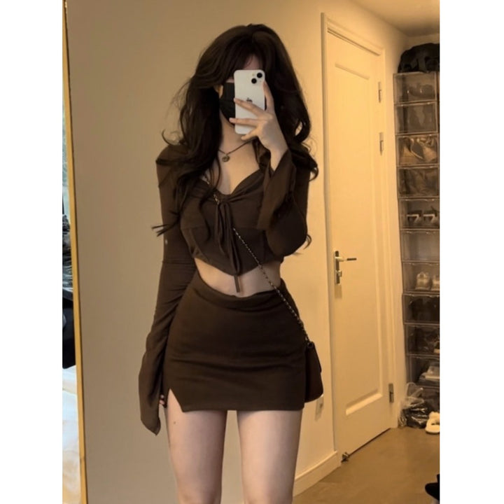 Damen Crop-Top mit dekorativem Bindegürtel und weitem Arm Drune