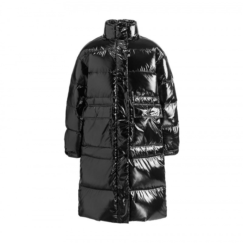 Damen langer glänzender gesteppter Puffer-Mantel mit Kapuze, Utility-Taschen und Oversize-Silhouette Drune