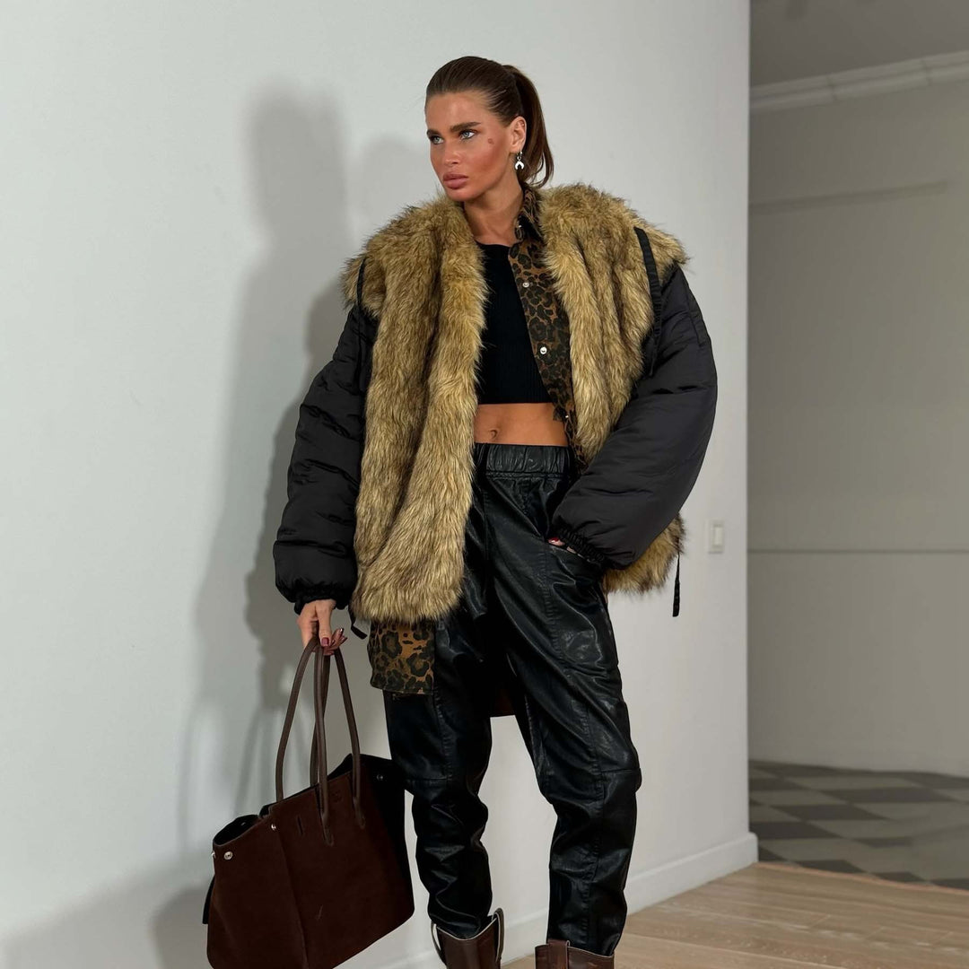 Damen Modische Jacke mit Kunstfellkragen Drune