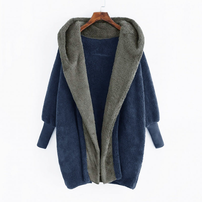 Damen Oversized Kunstfell-Kapuzenmantel mit kontrastierender Teddy-Innenseite und Rippbündchen Drune