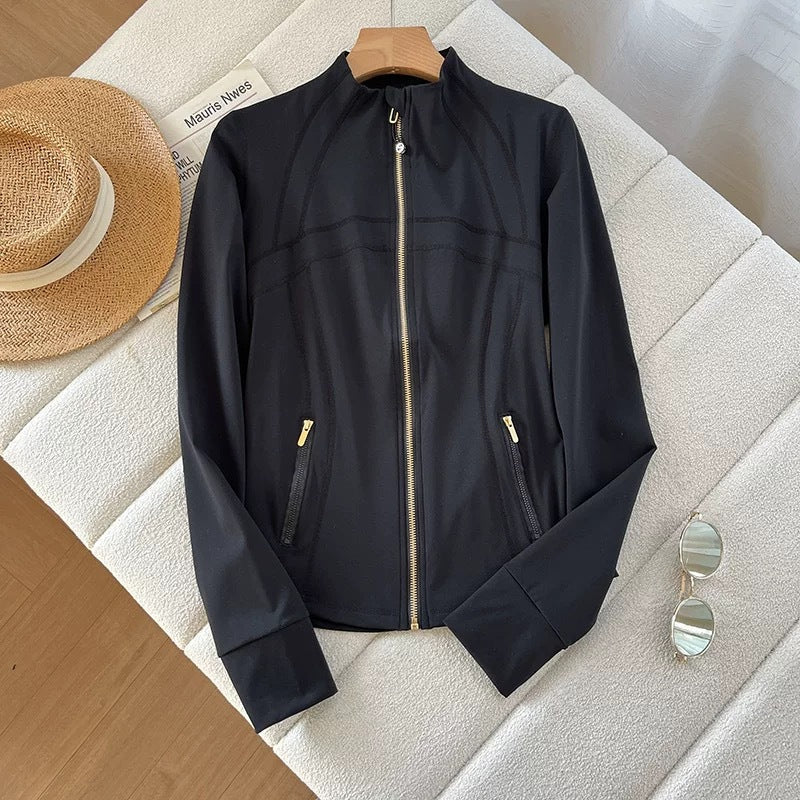 Damen elegante Sportjacke mit hohem Kragen und innovativem Reißverschluss Drune