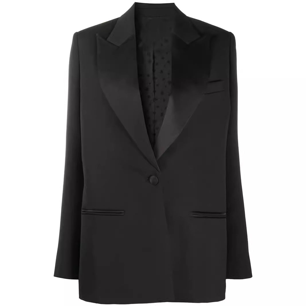 Damen Oversize Einreihiger Longblazer mit Satin-Schalkragen und cleanem Tailoring Drune
