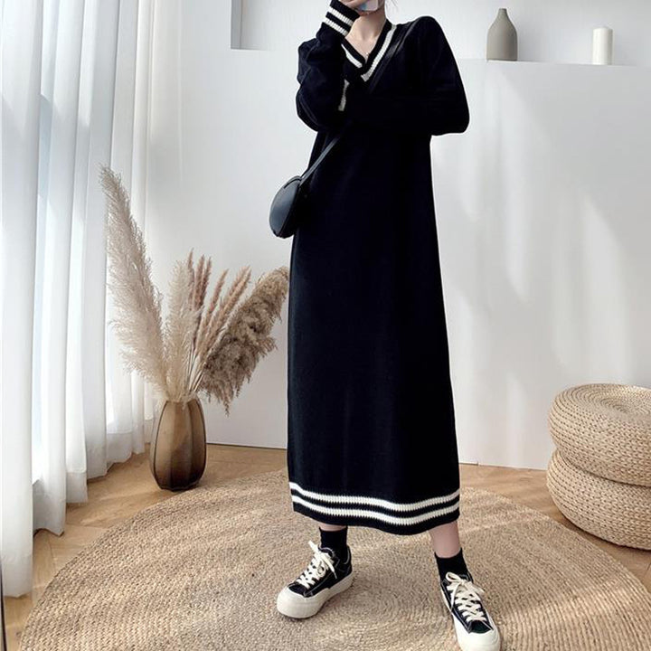 Damen Langarm-Strickkleid mit modernem V-Ausschnitt und kontrastierenden Rippdetails Drune