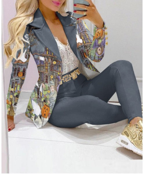 Damen Zweiteiliges Blazer-und-Hose-Set mit Schmetterlingsprint und glamourösem Glitzereffekt Drune