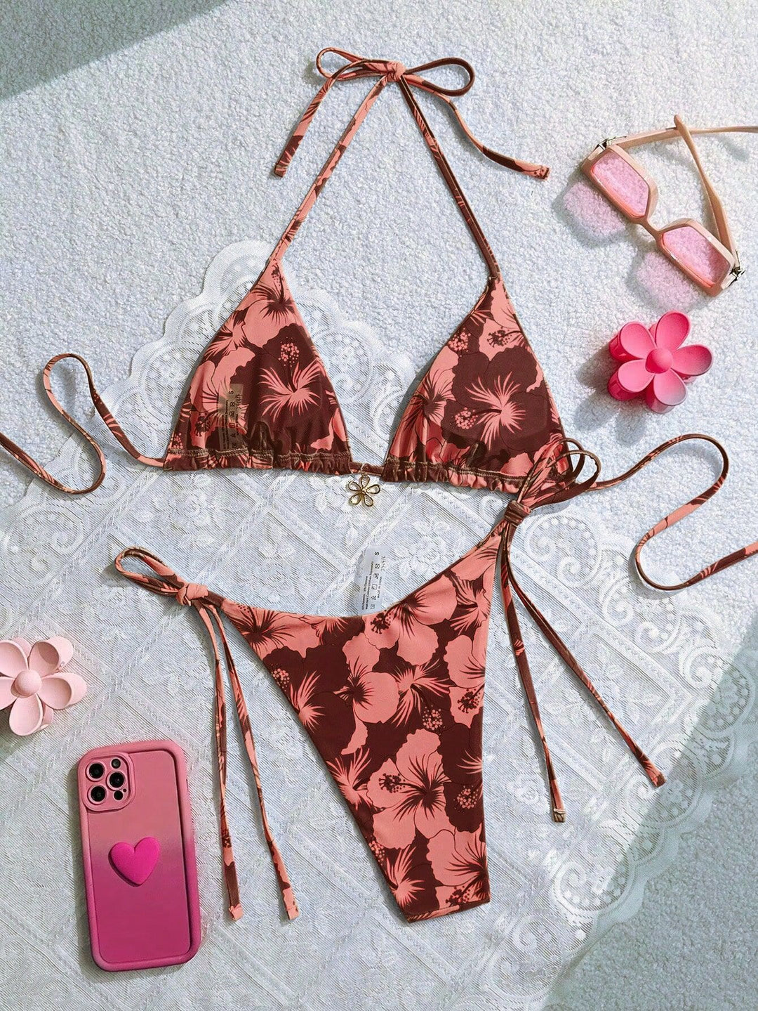 Damen Triangel-Bikini mit floralen Akzenten und raffinierten Bindebändern Drune