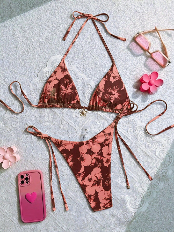 Damen Triangel-Bikini mit floralen Akzenten und raffinierten Bindebändern Drune