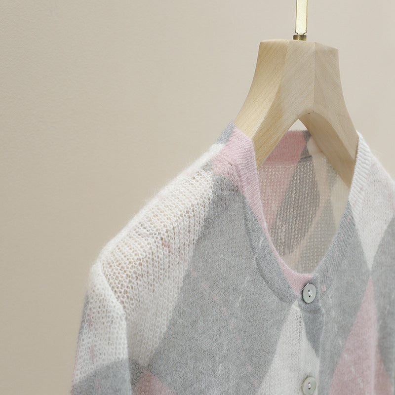 Damen Feiner Rundhals-Cardigan mit Rauten‑Argyle‑Muster aus leichtem Feinstrick Drune