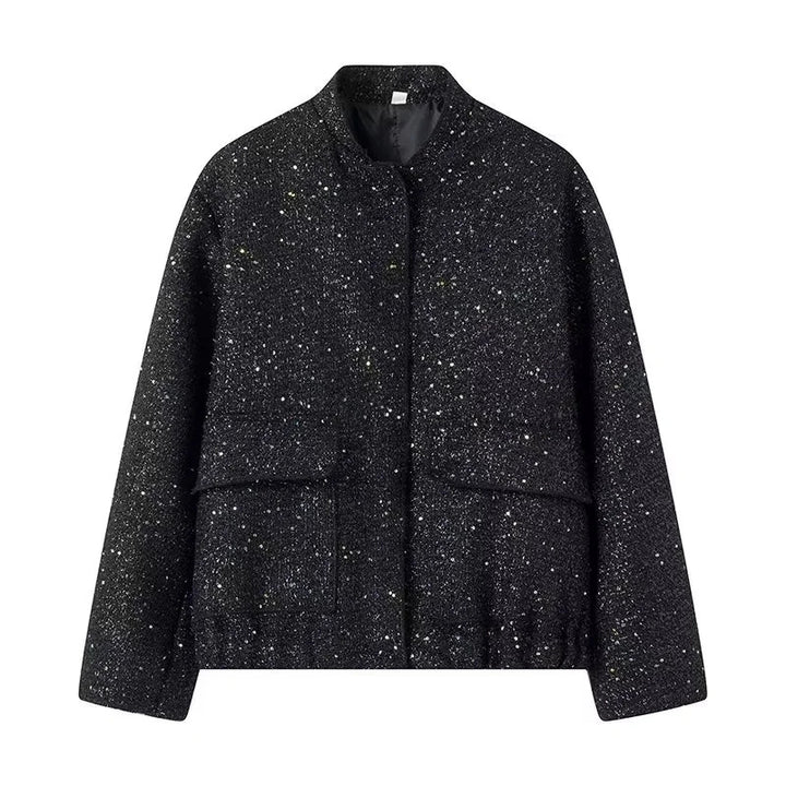 Damen 400+ Bouclé Kurzjacke mit Stehkragen, Pattentaschen und taillierendem Saum Drune
