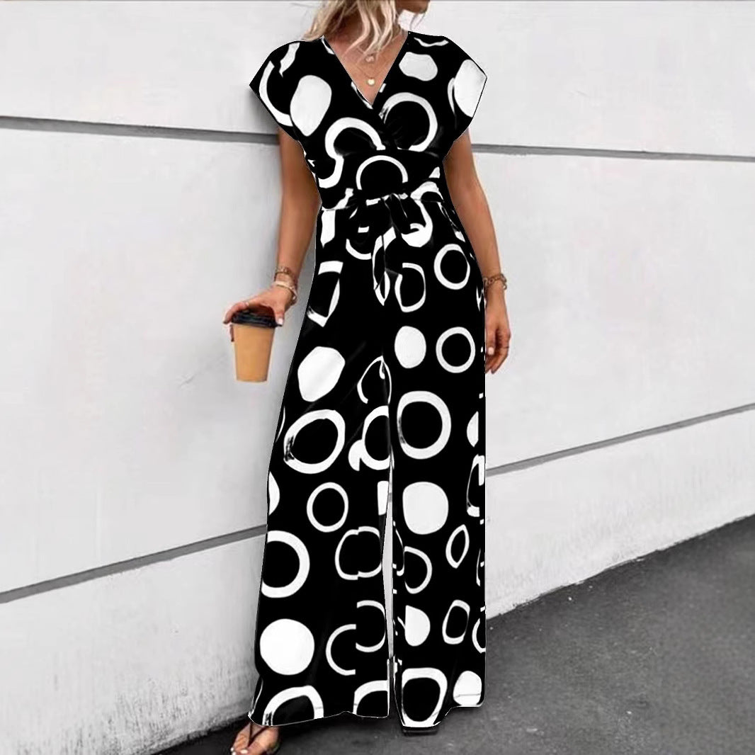 Damen Jumpsuit mit modernem Kreismuster und Taillengürtel Drune