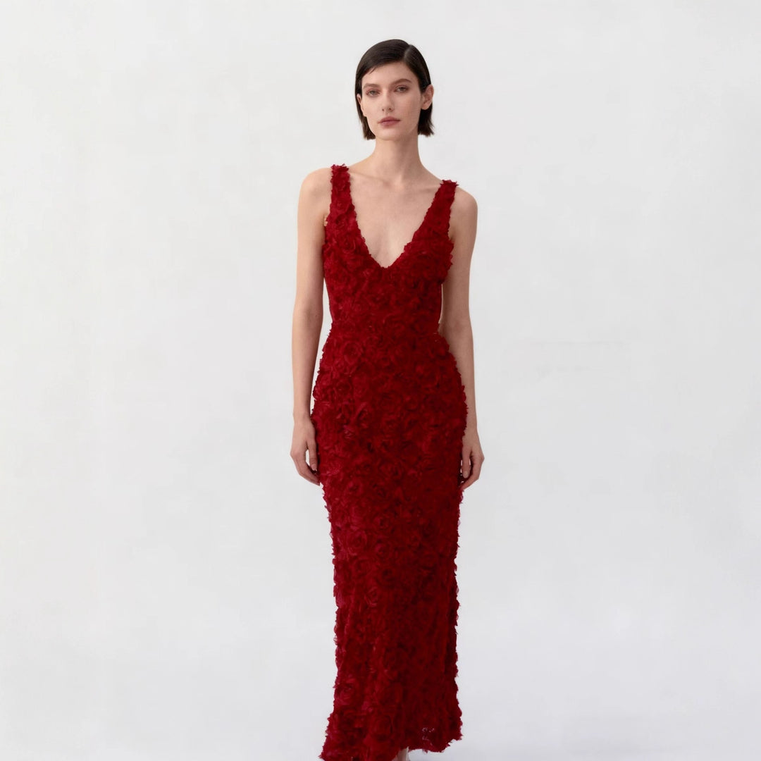 Damen Maxikleid mit opulentem Blumendesign und tiefem V-Ausschnitt Drune