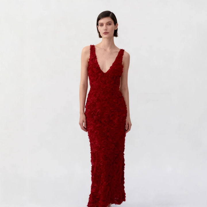 Damen Maxikleid mit opulentem Blumendesign und tiefem V-Ausschnitt Drune