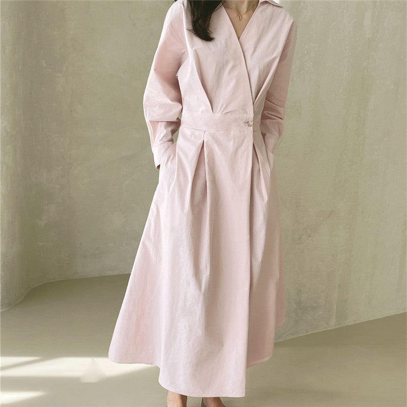 Damen Wickel-Hemdkleid mit tailliertem Bund, Kellerfalten und Eingrifftaschen Drune