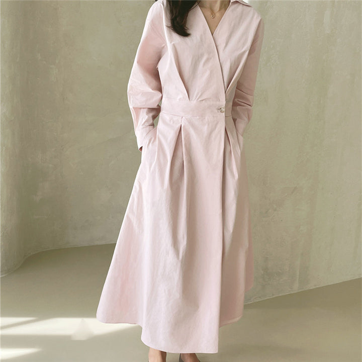 Damen Wickel-Hemdkleid mit tailliertem Bund, Kellerfalten und Eingrifftaschen Drune