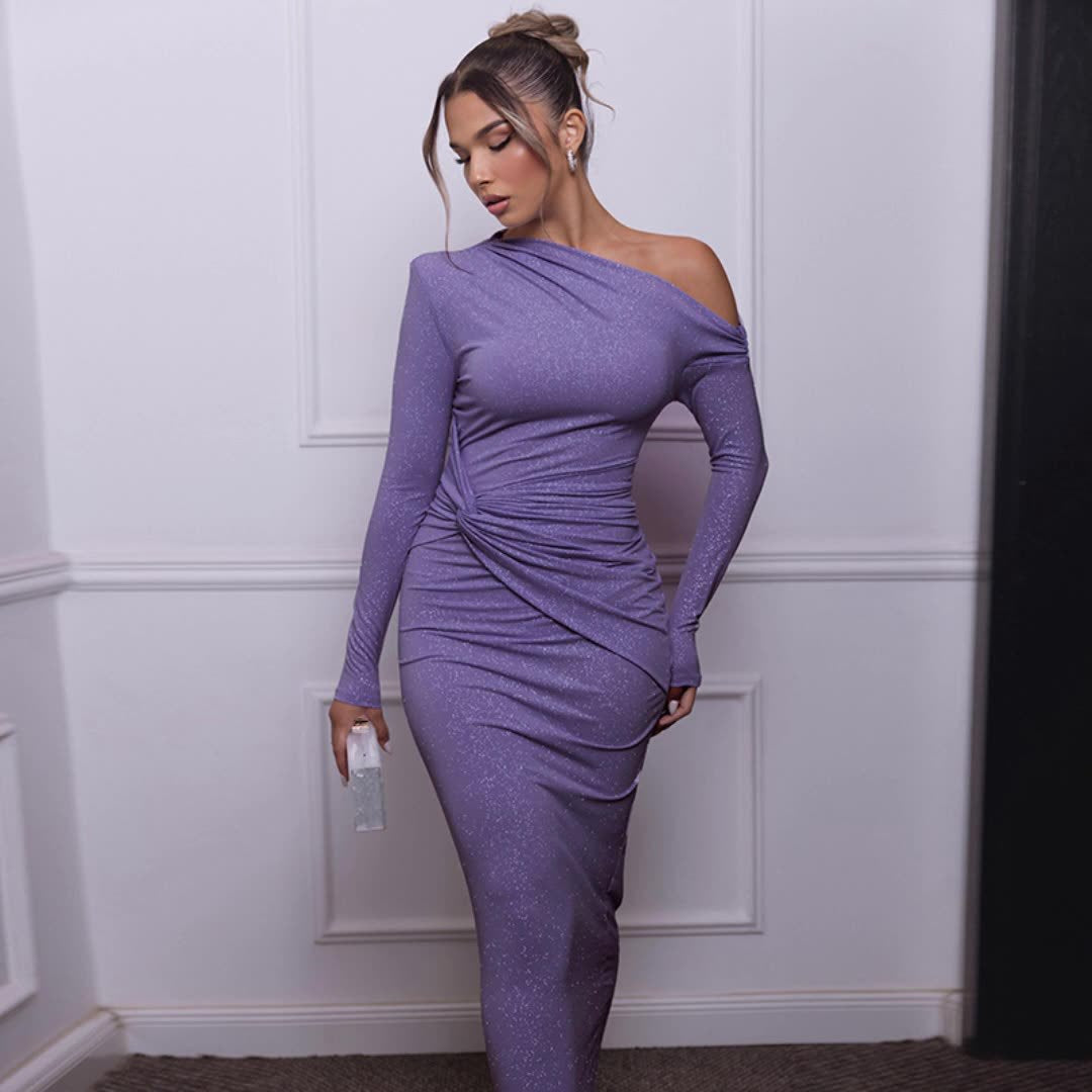 Damen Elegantes Maxikleid mit asymmetrischem Oberteil und Drapierung Drune