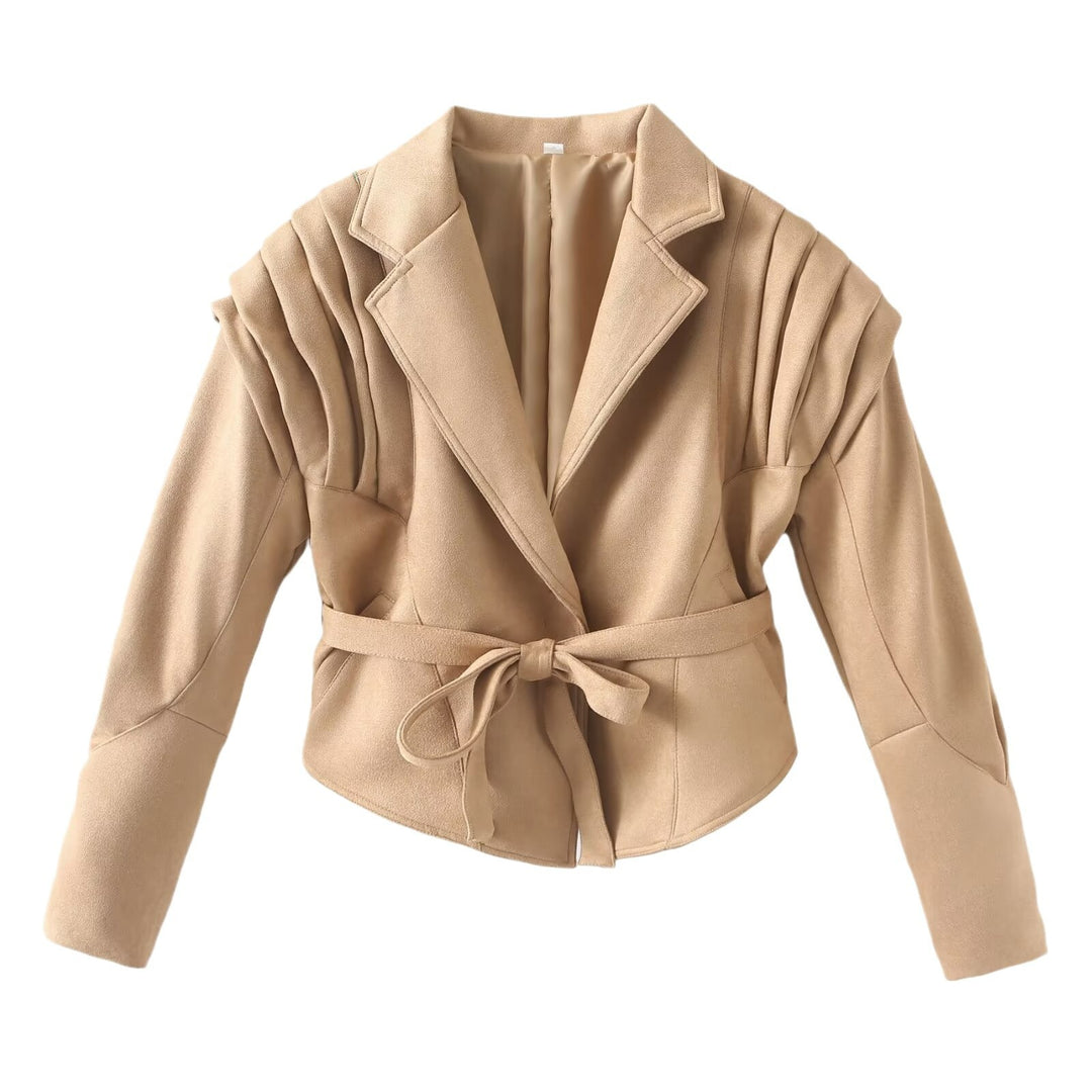 Damen Taillierte Wickeljacke aus Wildlederoptik mit Schulterplissee und Bindegürtel Drune