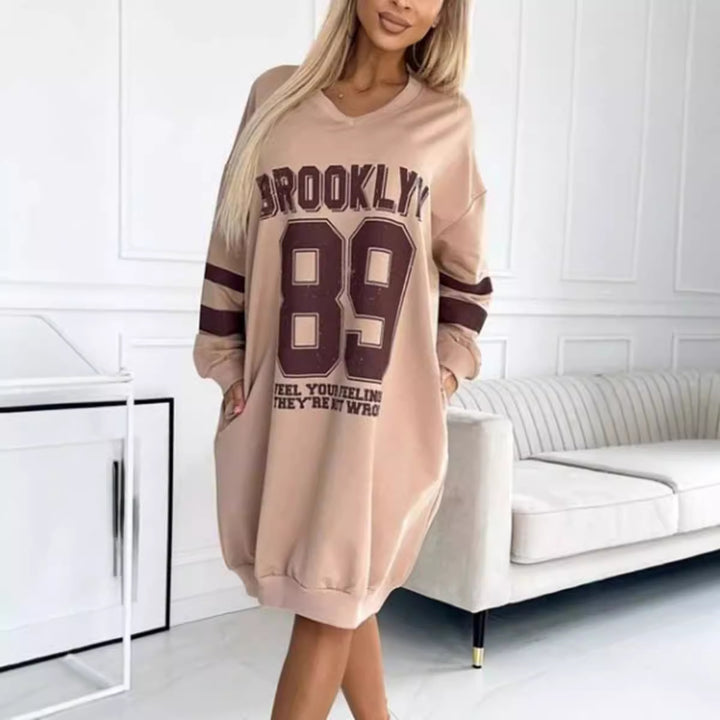 Damen lässiges oversized Sportkleid mit V-Ausschnitt und kontrastierenden Ärmeln Drune