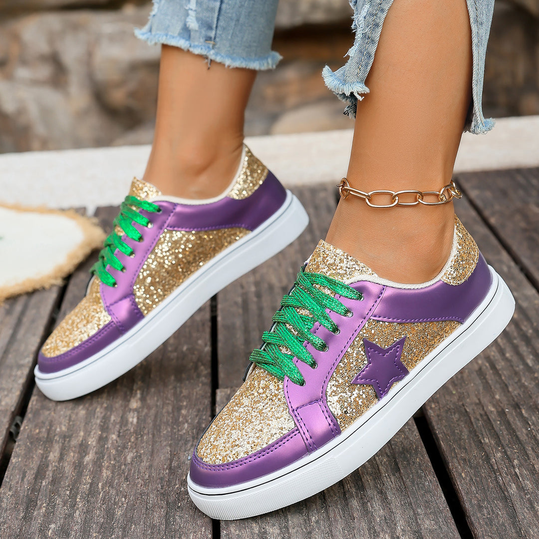 Damen modische Plateausneaker mit Glitzerpanelen, Sternapplikation und gepolsterter Komfortsohle Drune
