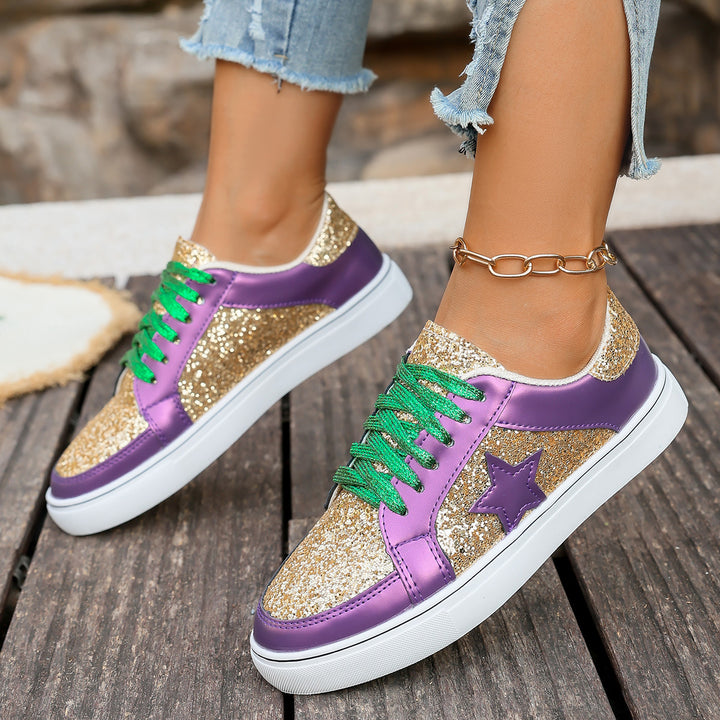 Damen modische Plateausneaker mit Glitzerpanelen, Sternapplikation und gepolsterter Komfortsohle Drune