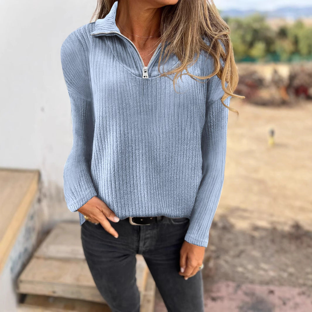 Damen Rippstrickpullover mit halbem Reißverschluss und Stehkragen Drune