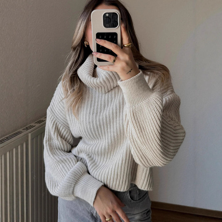 Damen Strickpullover mit hohem Kragen und voluminösen Ärmeln Drune