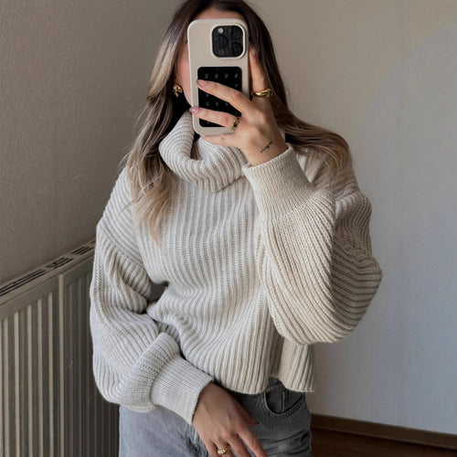 Damen Strickpullover mit hohem Kragen und voluminösen Ärmeln Drune