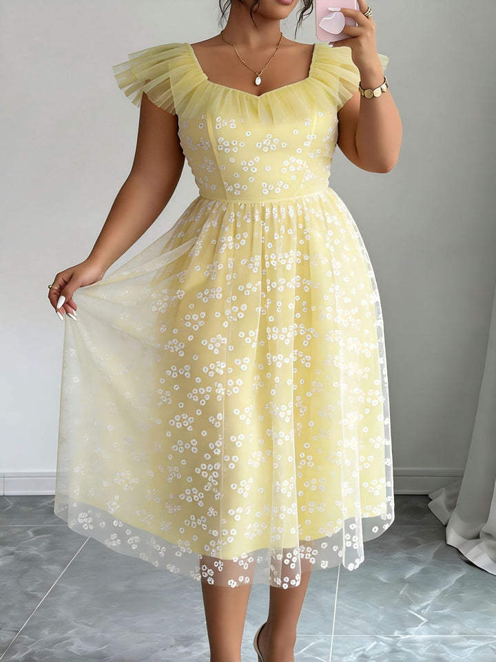 Damen festliches Blütenkleid mit voluminösen Tüllärmeln Drune