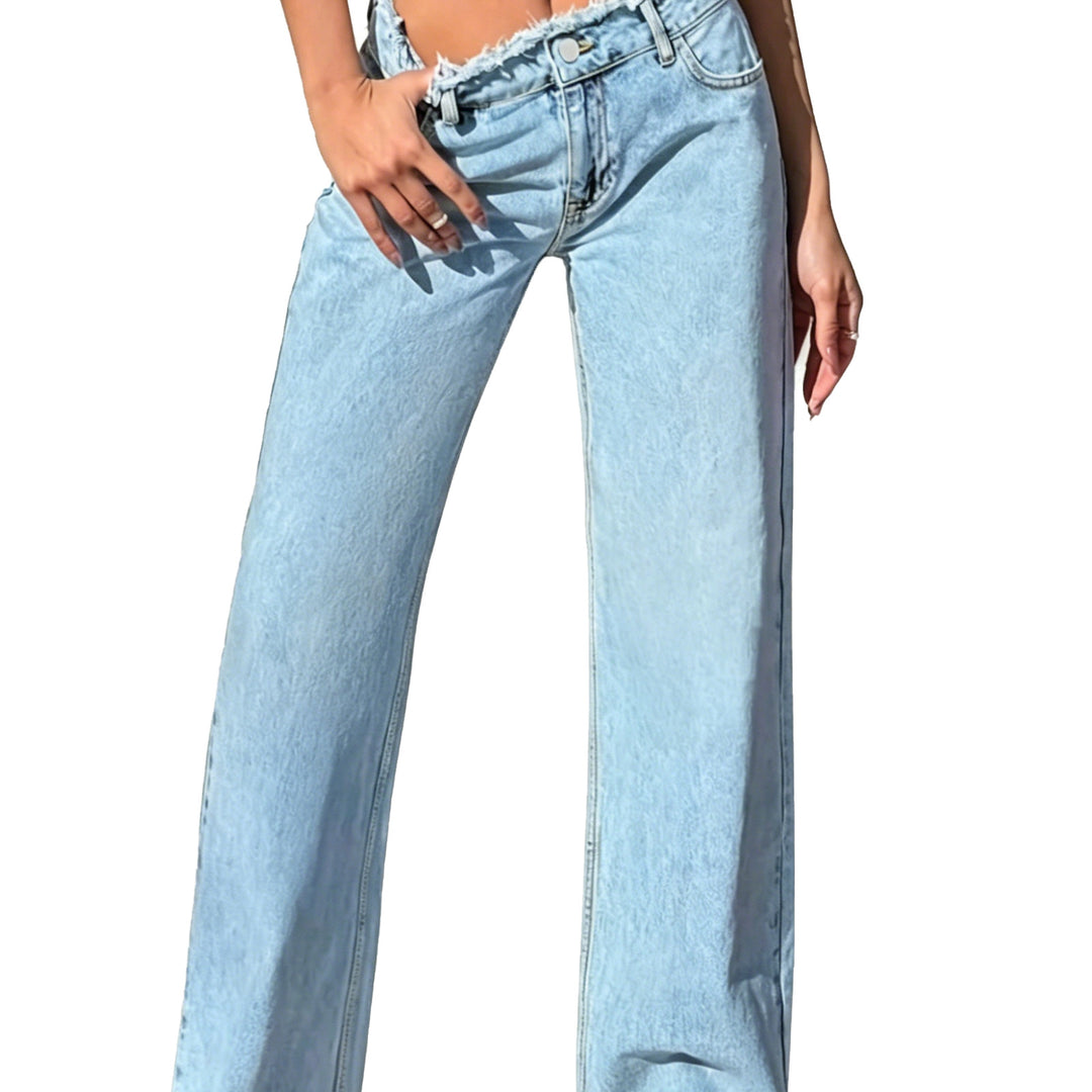 Damen High-Waist Schlagjeans mit rohem Bund und weitem Bein Drune