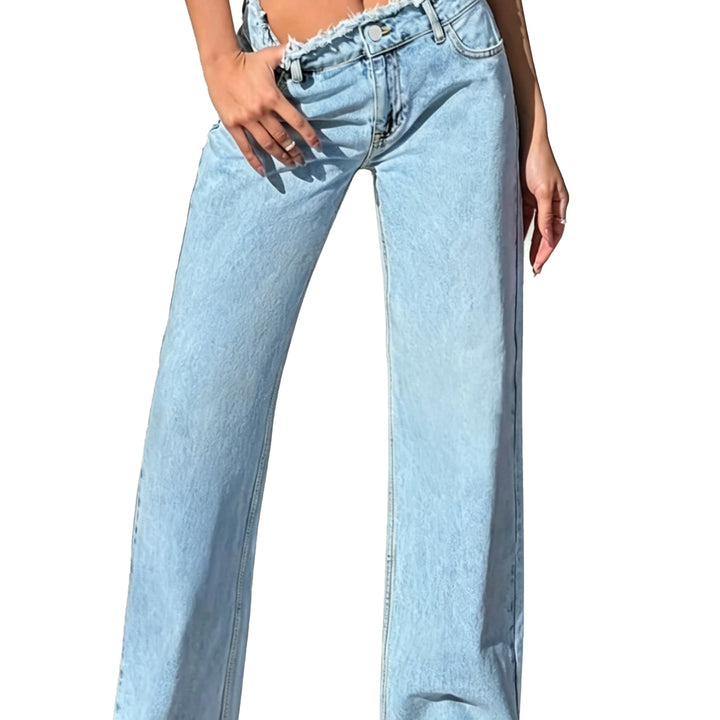 Damen High-Waist Schlagjeans mit rohem Bund und weitem Bein Drune