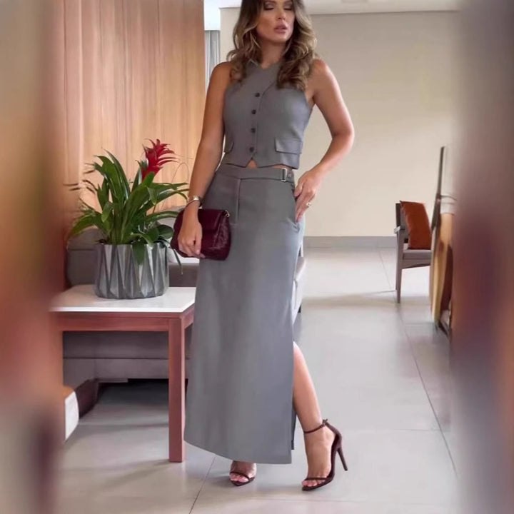 Damen nan elegantes Leinenmix-Zweiteiler-Set mit tailliertem Haltertop, Knopfdetail und hochgeschnittenem Maxirock Drune