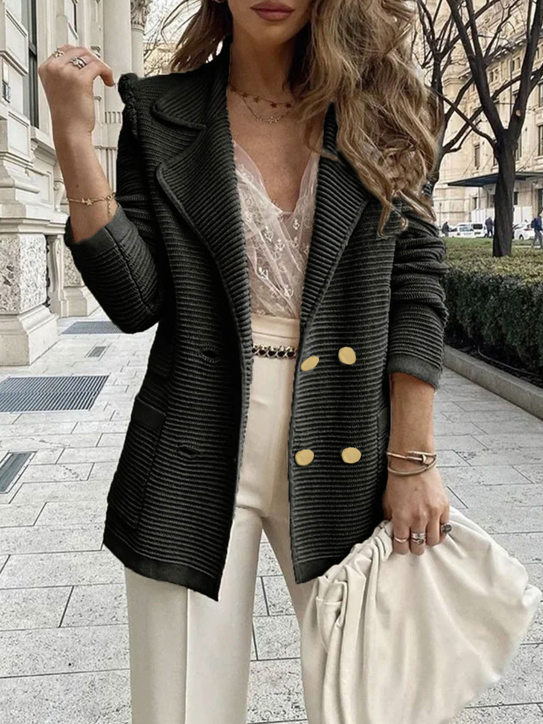 Damen Strukturierte Blazerjacke mit doppelter Knopfleiste und praktischen Taschen Drune