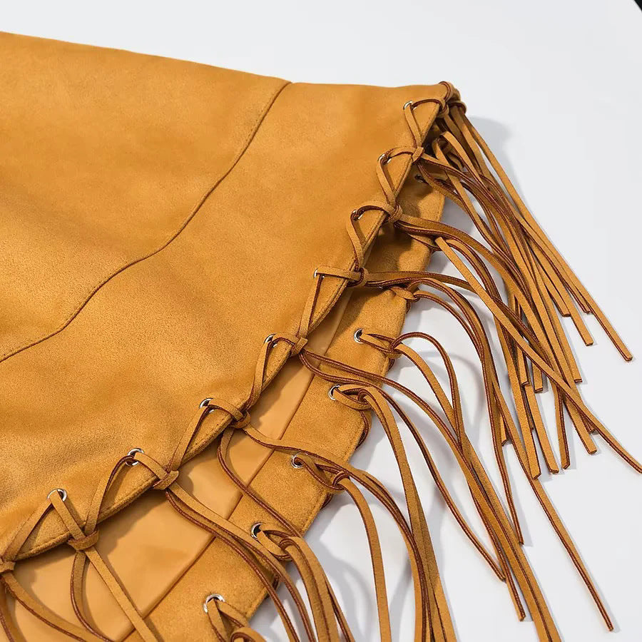 Damen nan Veloursoptik Cape mit Hemdkragen, Ziernaht und langen Fransen Drune
