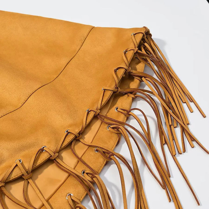 Damen nan Veloursoptik Cape mit Hemdkragen, Ziernaht und langen Fransen Drune