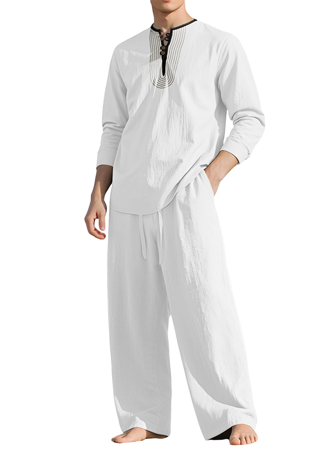 Herren nan Tunika- und Palazzohose-Set mit Henley-Blende, Zierstickerei und weitem Schnitt Drune