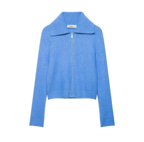 Damen Kurze Strickjacke mit Reißverschluss, weitem Polokragen und geripptem Saum Drune