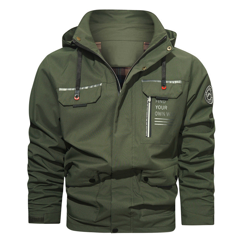 Herren wasserabweisende Kapuzen-Fieldjacke mit Brustreißverschluss und Multifunktions-Taschen Drune