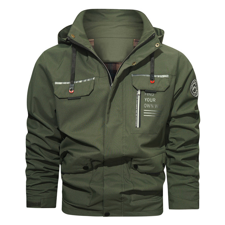 Herren wasserabweisende Kapuzen-Fieldjacke mit Brustreißverschluss und Multifunktions-Taschen Drune