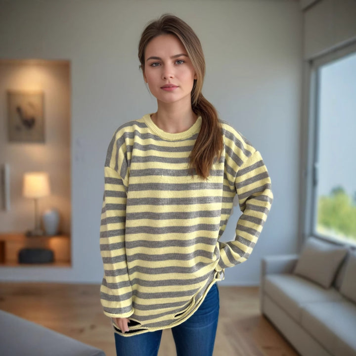 Damen gestrickter Oversized-Pullover mit lässigem Streifenmuster Drune