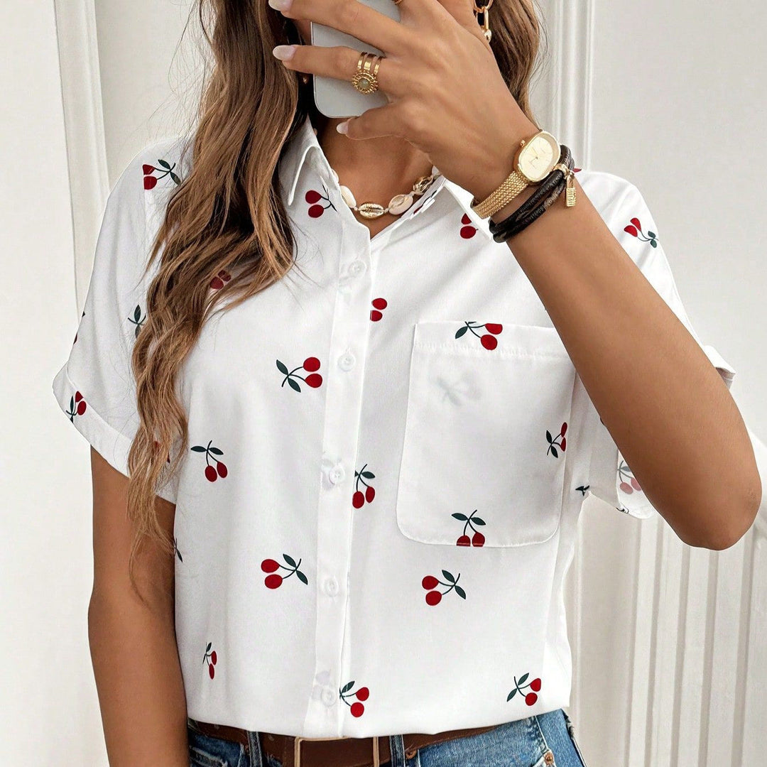 Damen Kurzarm Bluse mit Kirschmotiv und Tasche Drune