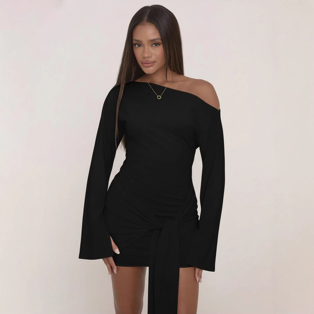 Damen Asymmetrisches One-Shoulder Miniwickelkleid mit Knotenfront und Drapé‑Schleife Drune