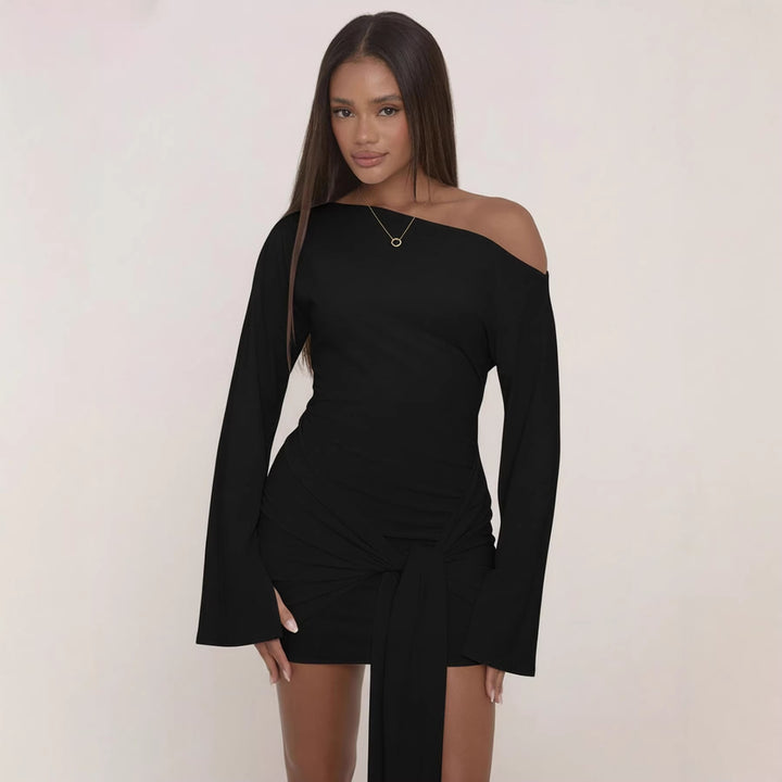 Damen Asymmetrisches One-Shoulder Miniwickelkleid mit Knotenfront und Drapé‑Schleife Drune