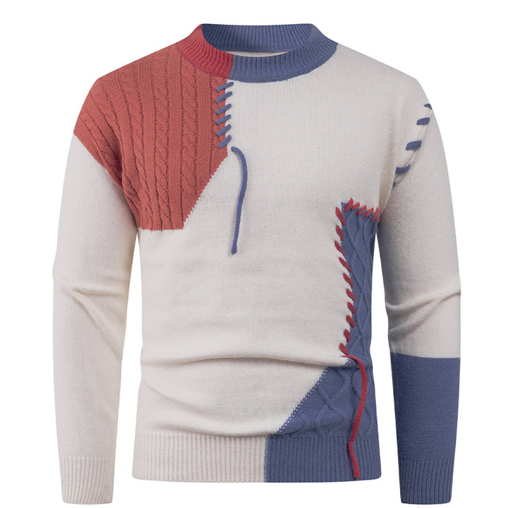 Herren nan Patchwork-Strickpullover mit Zopfstrick-Einsätzen und dekorativen Nahtapplikationen Drune