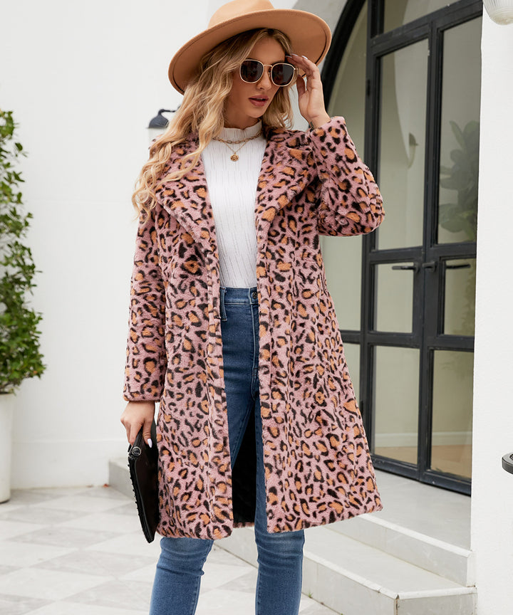 Damen Luxuriöser Kunstfellmantel mit Leopard-Design Drune