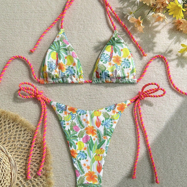 Damen Triangel-Bikini mit buntem Blumenmuster und trendigen Bindebändern Drune