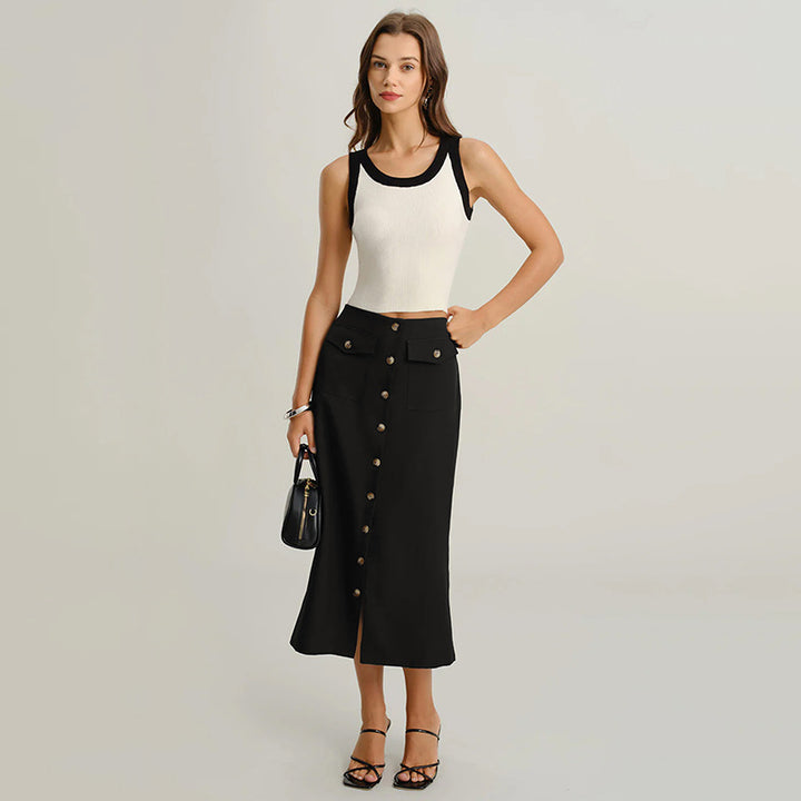 Damen Hochtaillierter Midirock mit durchgehender Knopfleiste, Pattentaschen und Frontschlitz Drune