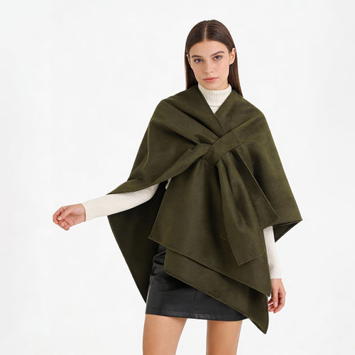 Damen Eleganter Wickel‑Cape mit Knotenverschluss und fließender Drapierung Drune