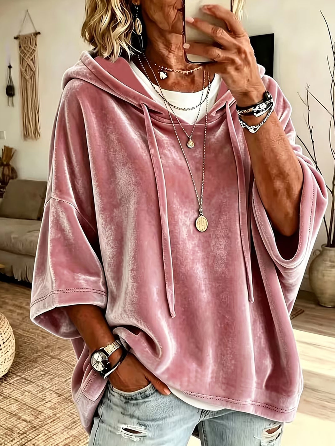 Damen Oversize Samt-Kapuzenponcho mit halblangen Ärmeln und Tunnelzug Drune