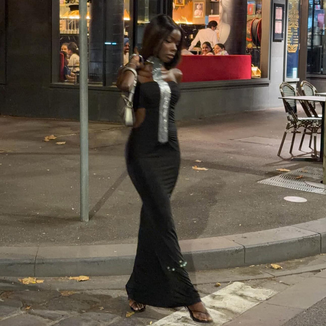 Damen Elegantes Abendkleid mit schmalem Schnitt und glänzenden Akzenten Drune