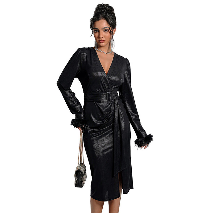 Damen Satin-Wickel-Midikleid mit tailliertem Gürtel und Federbündchen Drune